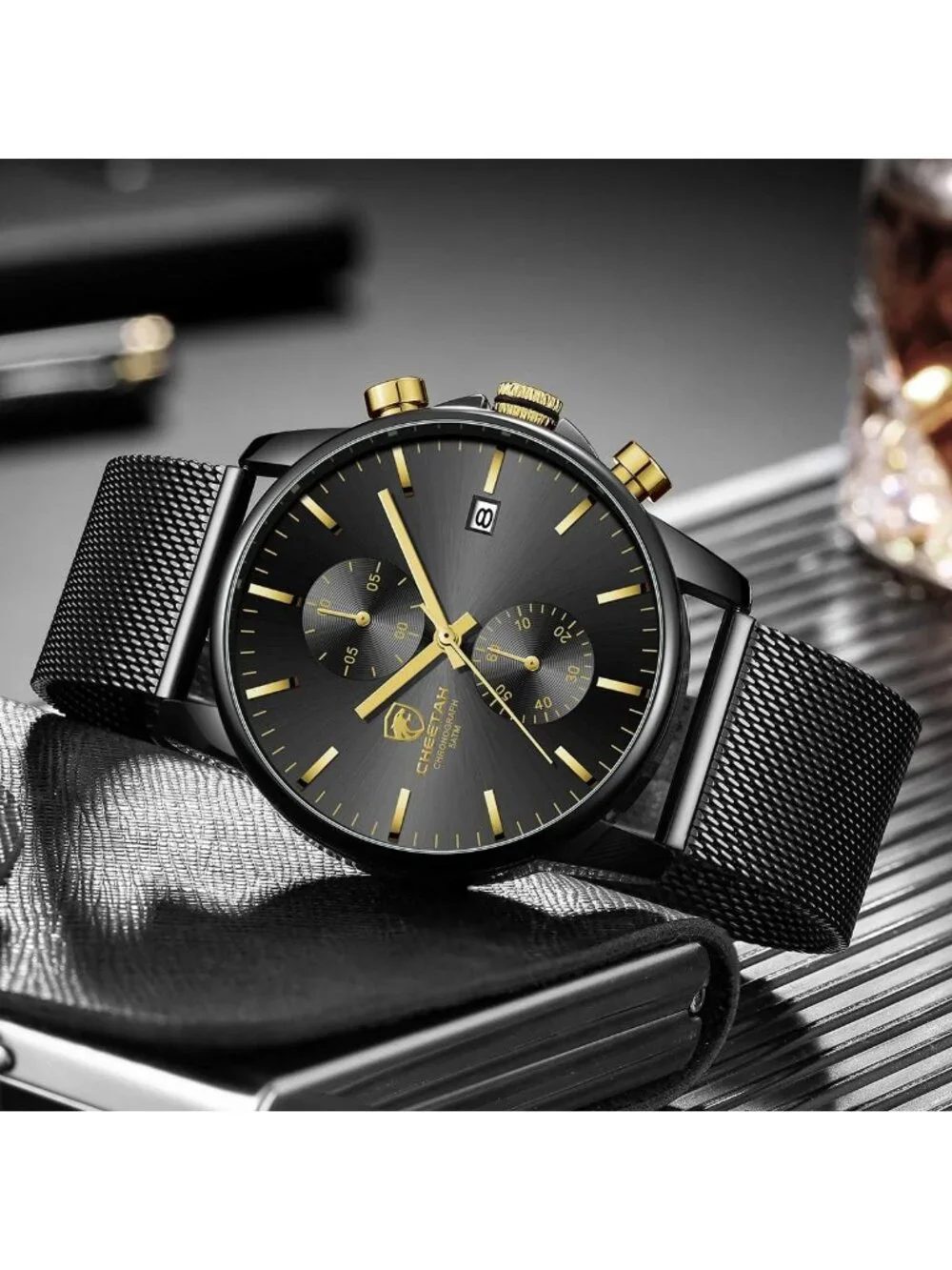 Men's New Gold Black Stainless Steel Minimalist Quartz Analog Chronograph Watch